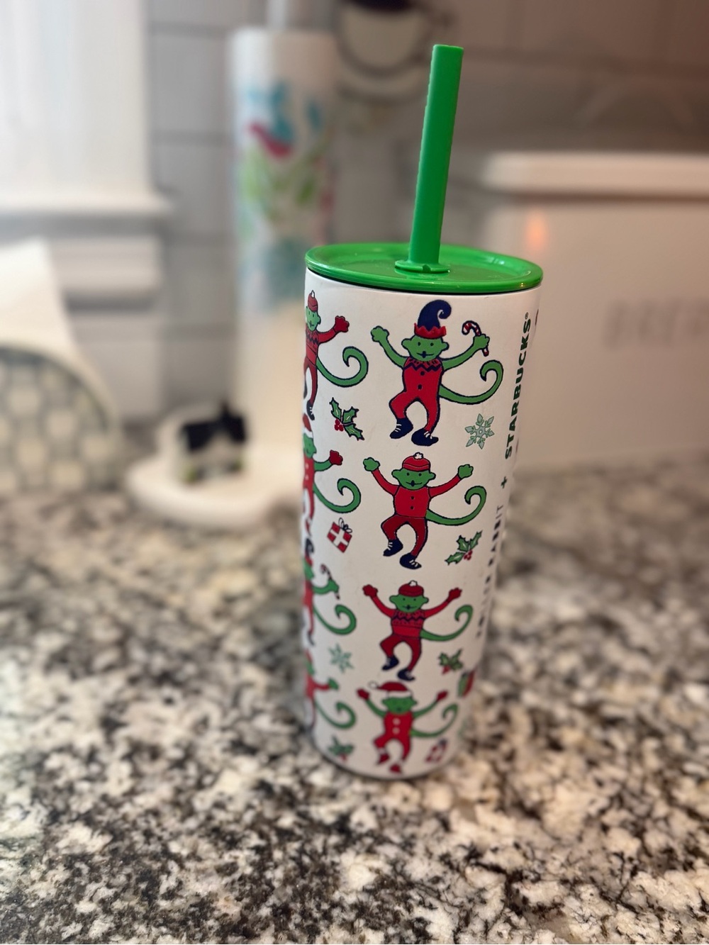 Starbucks Roller Rabbit Green-Top Holiday Monkey Stainless Tumbler - White